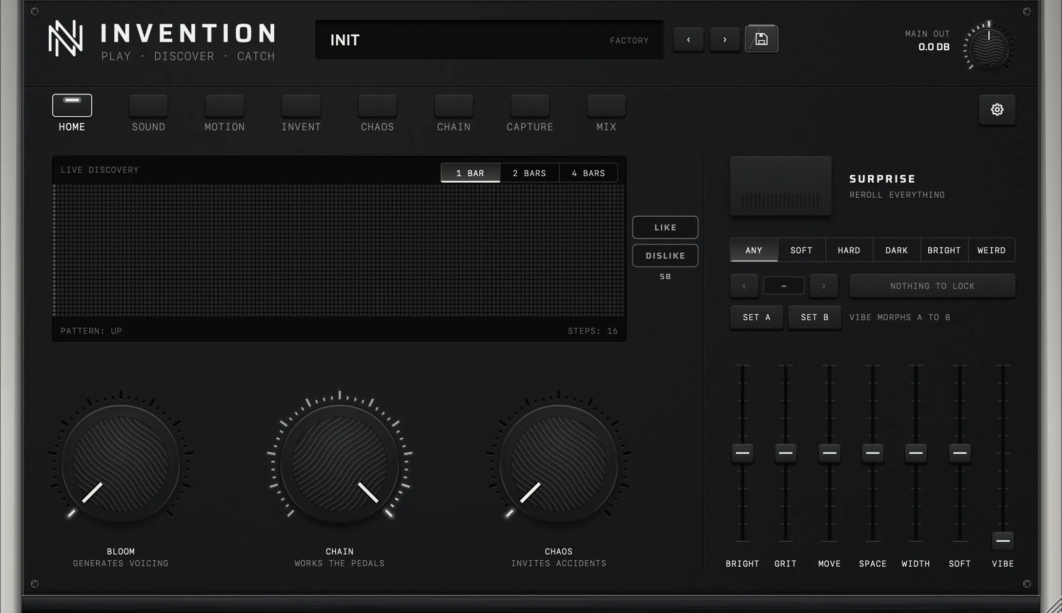 Invention's home page: the synthesizer's main controls